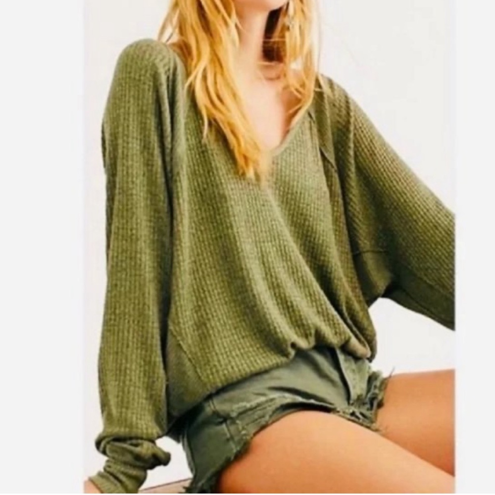 Free People Olive Green Waffle Knit Top